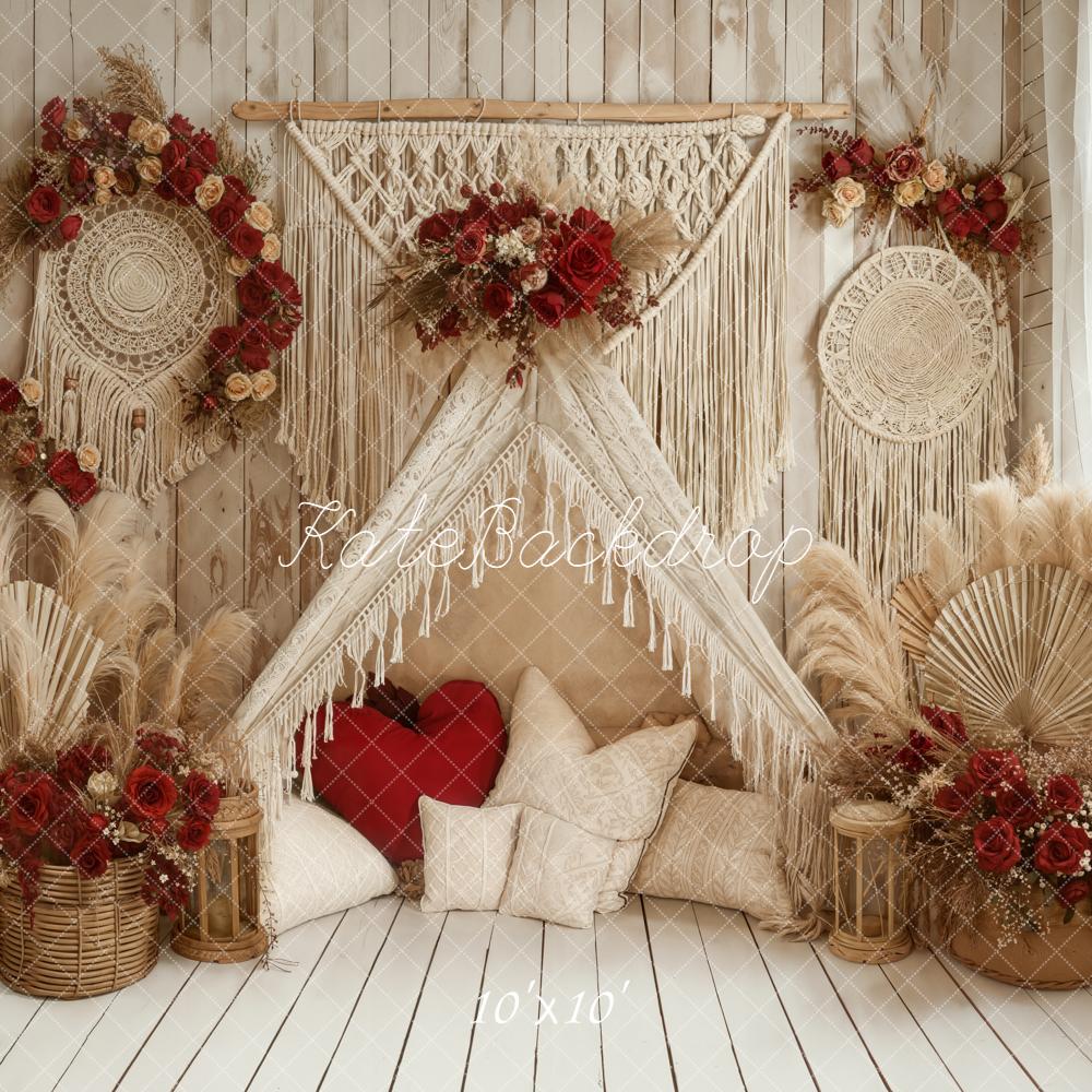Kate Valentines Boho Macrame Dreamcatcher Red Roses Teepee Backdrop Designed by Emetselch