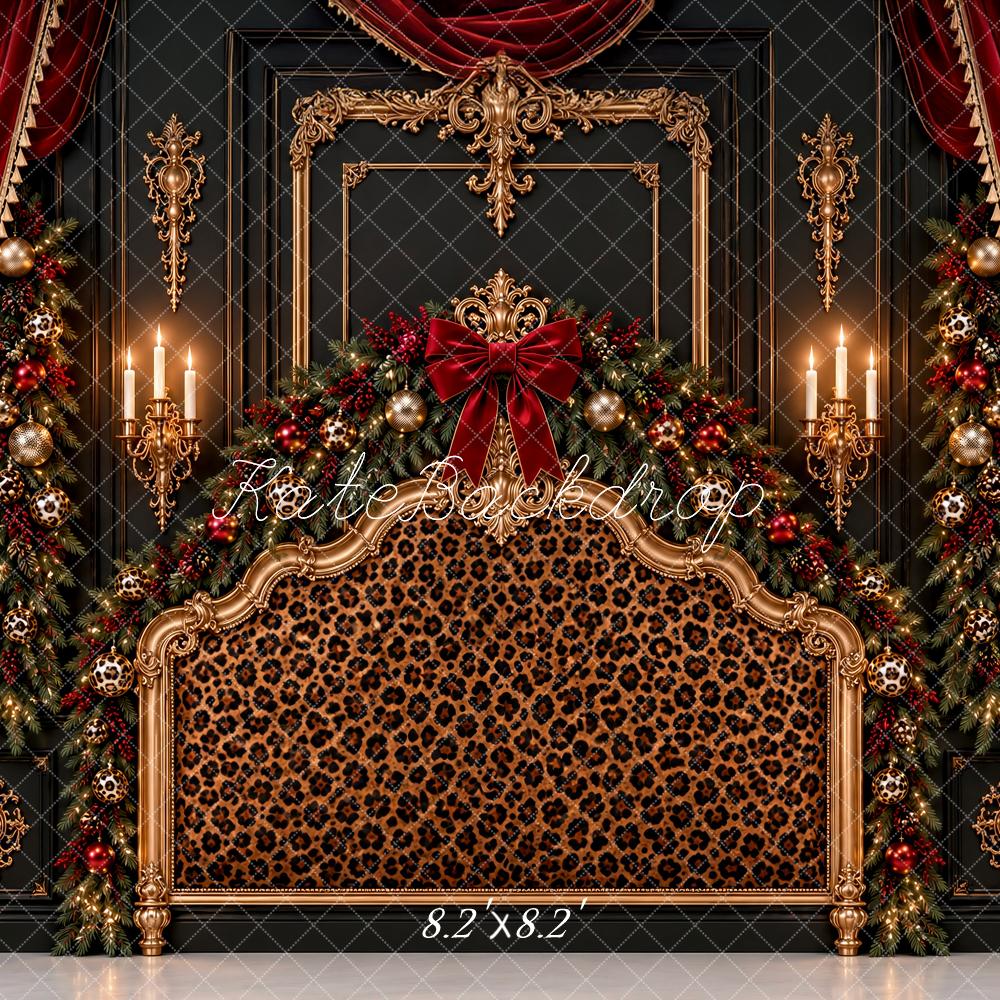 Kate Christmas Leopard Print Headboard Red Curtain Ornate Frame Printed Backdrop Designed by Ashley Paul