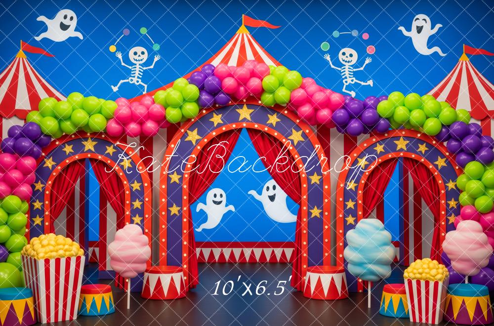Kate Halloween Circus Ghosts Skeletons Balloons Popcorn Backdrop Designed by Patty Roberts
