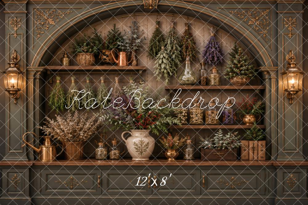 Kate Vintage Green Arch Shelves Hanging Herbs Cabinet Printed Backdrop Designed by Vertigo Productions
