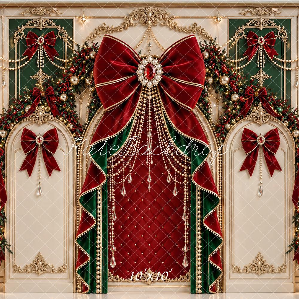 Kate Christmas Baroque Red Bow Wreath Ornate Printed Backdrop Designed by Ashley Paul
