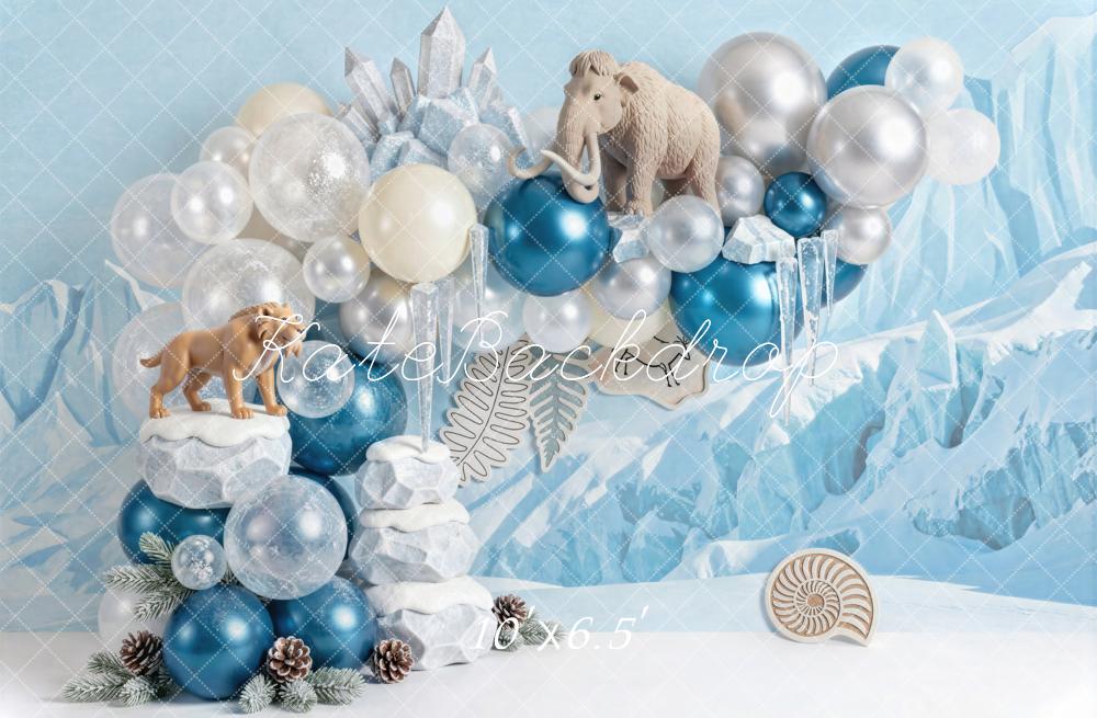 Kate Cake Smash Winter Blue Prehistoric Animals Crystal Balloons Printed Backdrop Designed by Mini MakeBelieve
