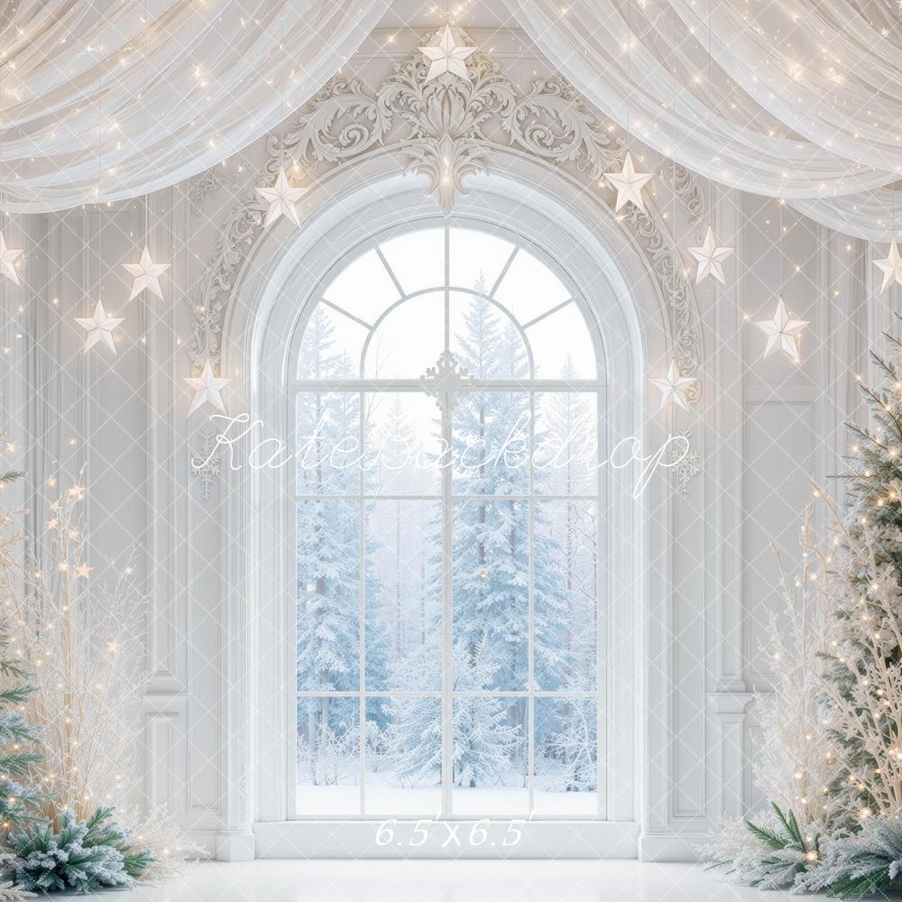 Kate Christmas Snowy Window Trees Hanging Stars Printed Backdrop Designed by Mini MakeBelieve