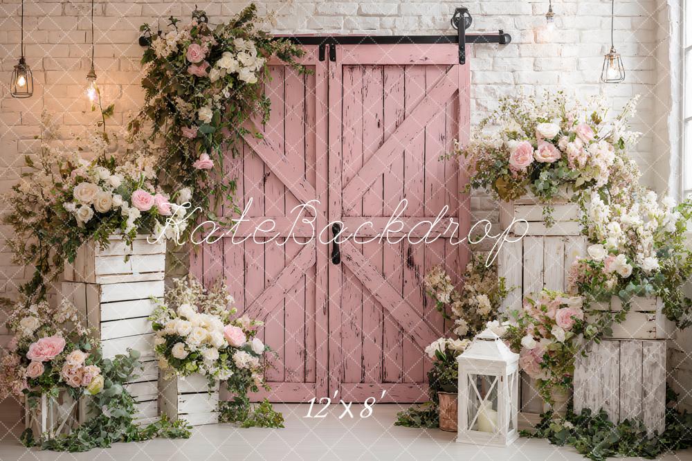 Kate Spring Pink Barn Door Flower Arch White Crates Lantern Backdrop Designed by Ashley Paul