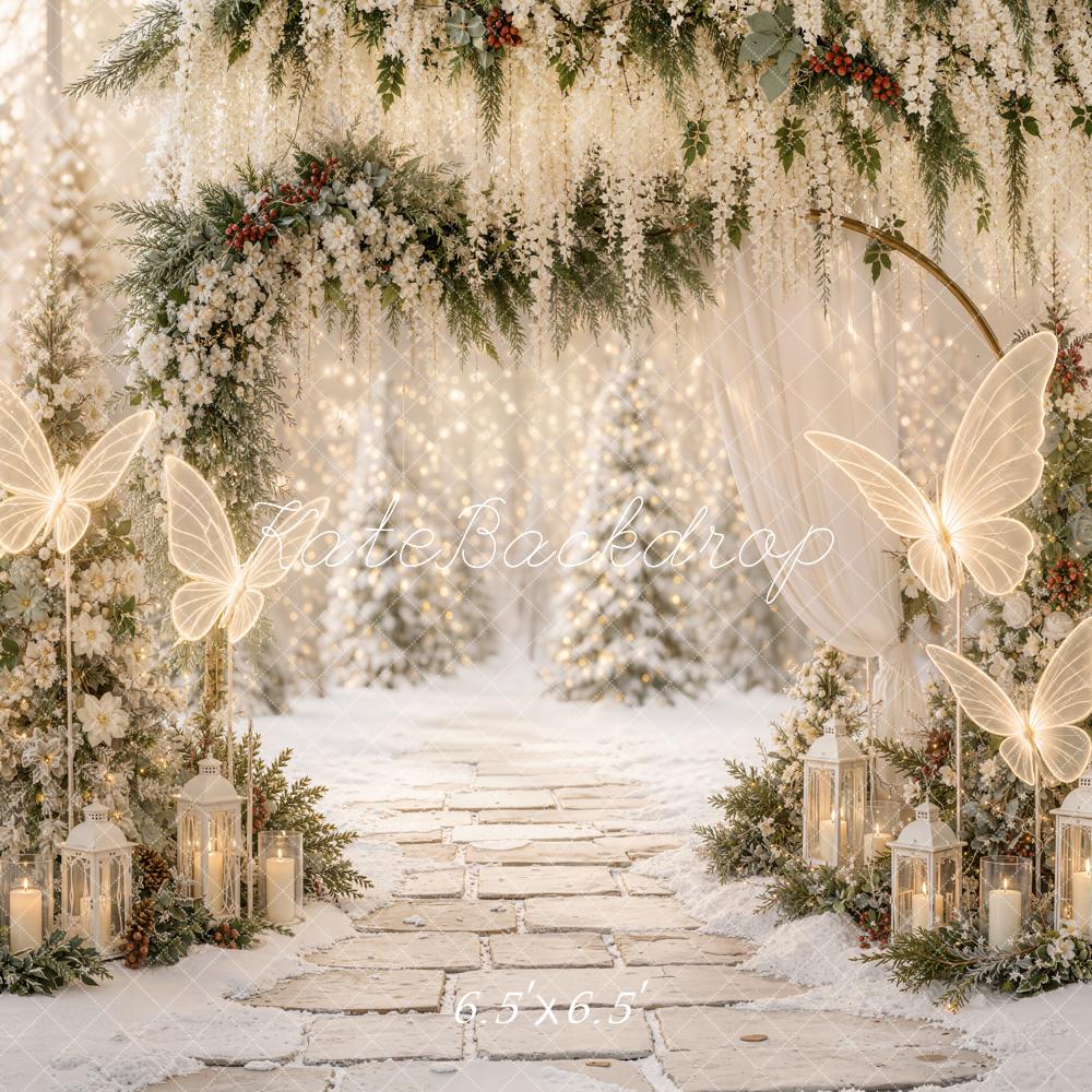 Kate Christmas Winter Floral Arch Dreamy Butterflies Lanterns Printed Backdrop Designed by Emetselch