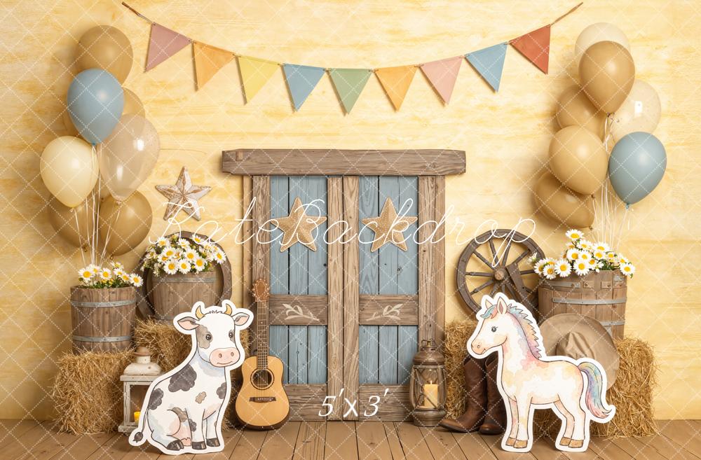 Kate Cake Smash Farmhouse Barn Door Cow Horse Balloons Printed Backdrop Designed by Chain Photography