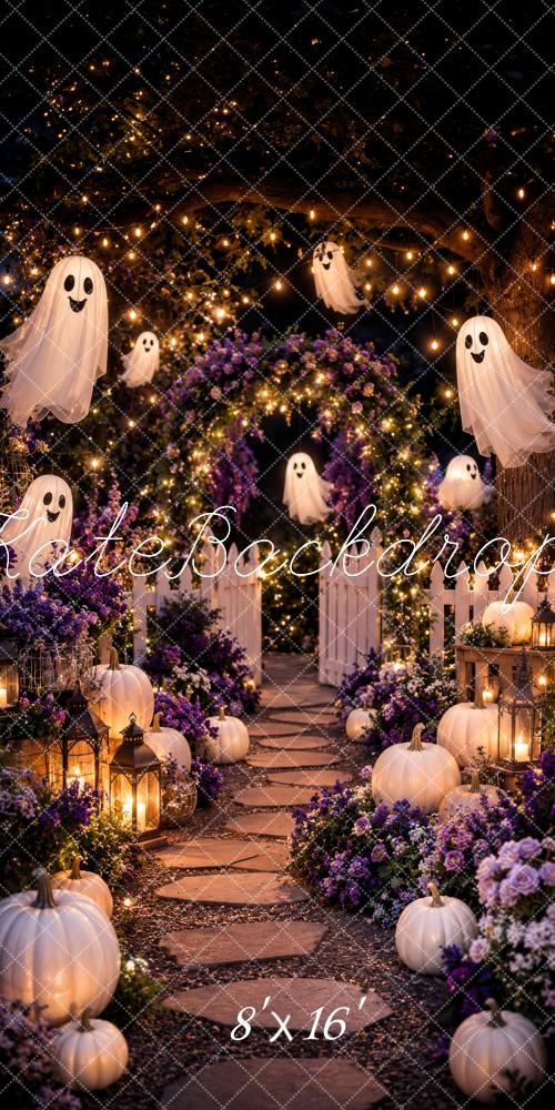 Kate Sweep Halloween Ghost Archway Pumpkins Lanterns Flowers Printed Backdrop Designed by Megan Leigh Photography