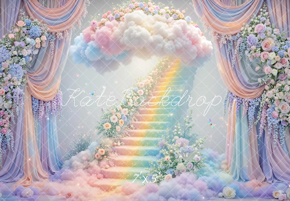 Kate Fairy Fantasy Rainbow Stairs Cloud Floral Arch Printed Backdrop Designed by Mini MakeBelieve