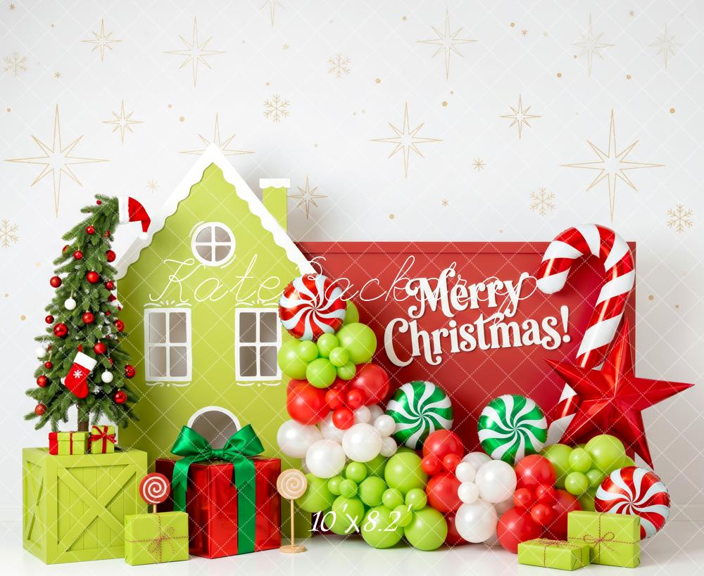 Kate Christmas Whimstical Candy House Green Red Balloons Tree Presents Printed Backdrop Designed by Patty Roberts