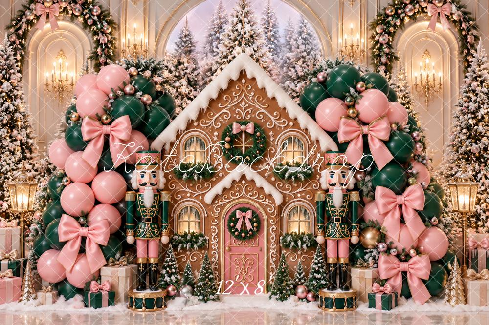 Kate Christmas Cake Smash Gingerbread House Nutcracker Balloon Pink Bow Printed Backdrop Designed by Ashley Paul