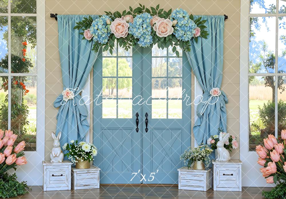 Kate Spring Bunny Blue Door Flower Arch Printed Backdrop Designed by Mini MakeBelieve