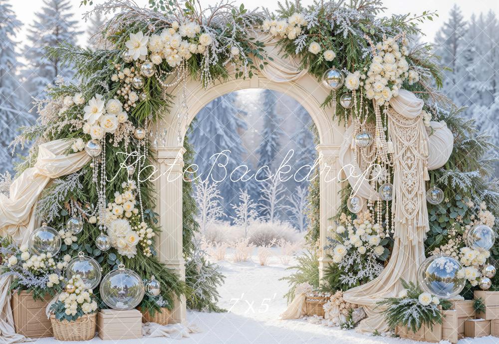 Kate Winter Boho Wedding Flower Arch Greenery Snow Printed Backdrop Designed by Mini MakeBelieve