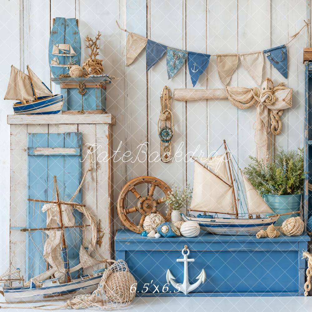 Kate Nautical Blue Sailboat Starfish Anchor Decor Backdrop Designed by Emetselch