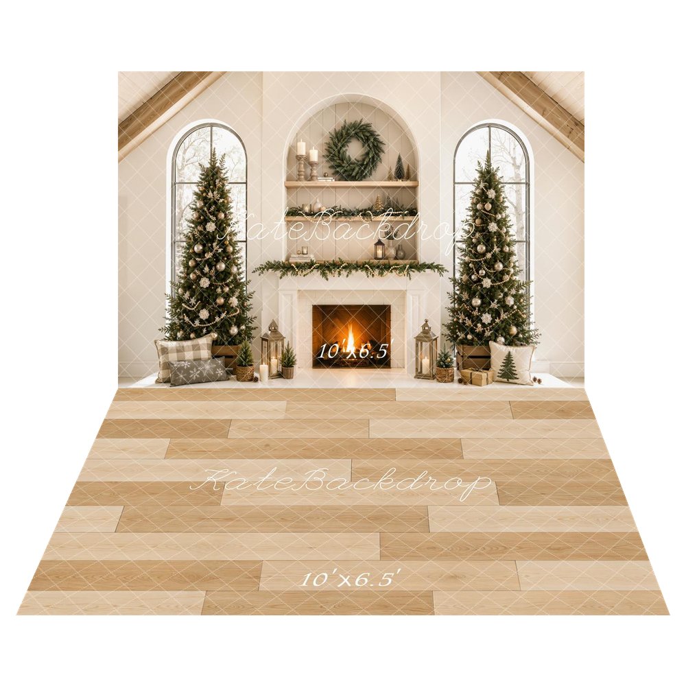 Kate Christmas Fireplace Trees Gable Roof Arched Windows Printed Backdrop+Beige Wood Plank Floor Printed Backdrop