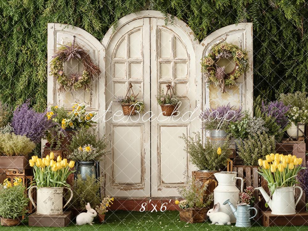 Kate Spring Flower Garden Rustic Door Wreaths Bunnies Printed Backdrop Designed by Emetselch