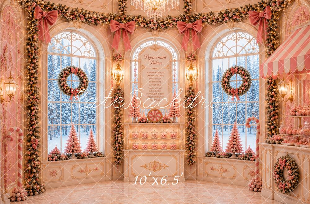 Kate Christmas Pink Palace Peppermint Candy Shop Window Snowy Printed Backdrop Designed by Caitlin Lynch