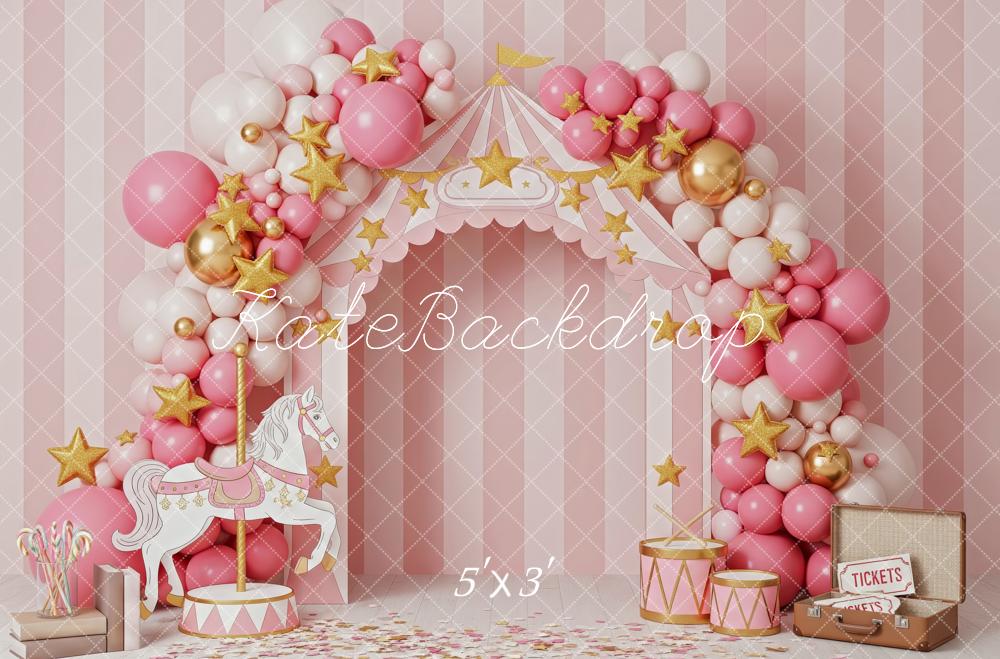 Kate Cake Smash Circus Carousel Balloon Arch Pink Striped Backdrop Designed by Patty Roberts