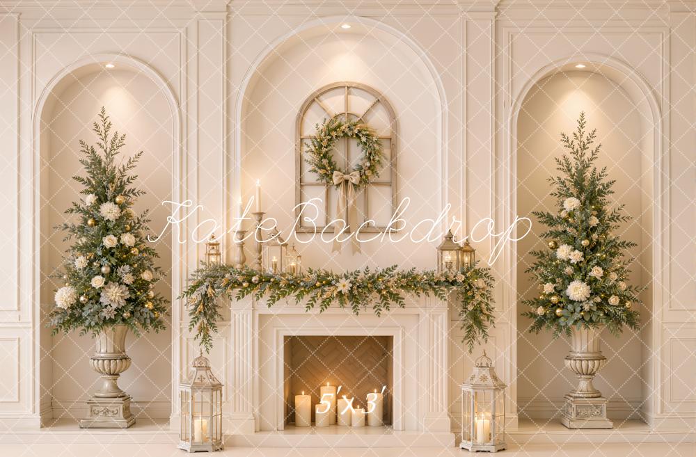 Kate Christmas Fireplace Elegant Trees Wreath Garland Printed Backdrop Designed by Emetselch