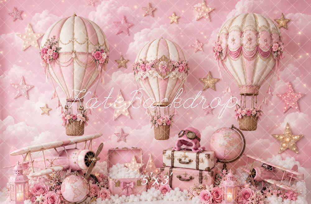 Kate Cake Smash Pink Hot Air Balloons Airplane Travel Printed Backdrop Designed by Ashley Paul