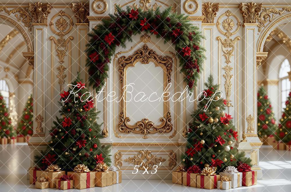 Kate Christmas Tree Retro Gold Ornate Arch Gifts Backdrop Designed by Mini MakeBelieve