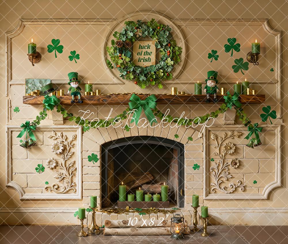 Kate St. Patrick's Day Fireplace Shamrock Green Wreath Printed Backdrop Designed by Emetselch