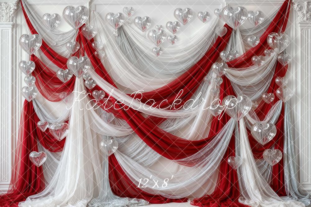 Kate Valentine's Day Red White Drapery Heart Balloons Printed Backdrop Designed by Mini MakeBelieve