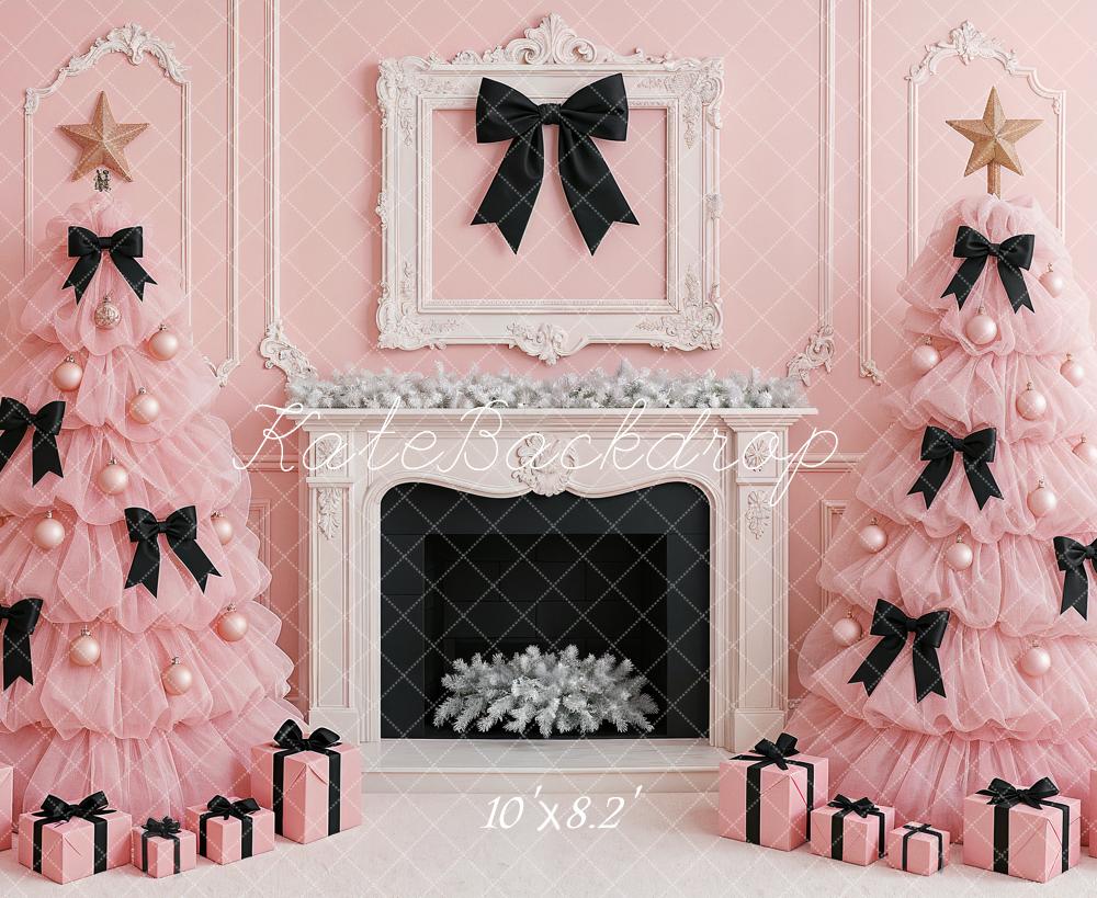 Kate Christmas Trees Tulle Pink Black Bows Fireplace Gifts Backdrop Designed by Ashley Paul