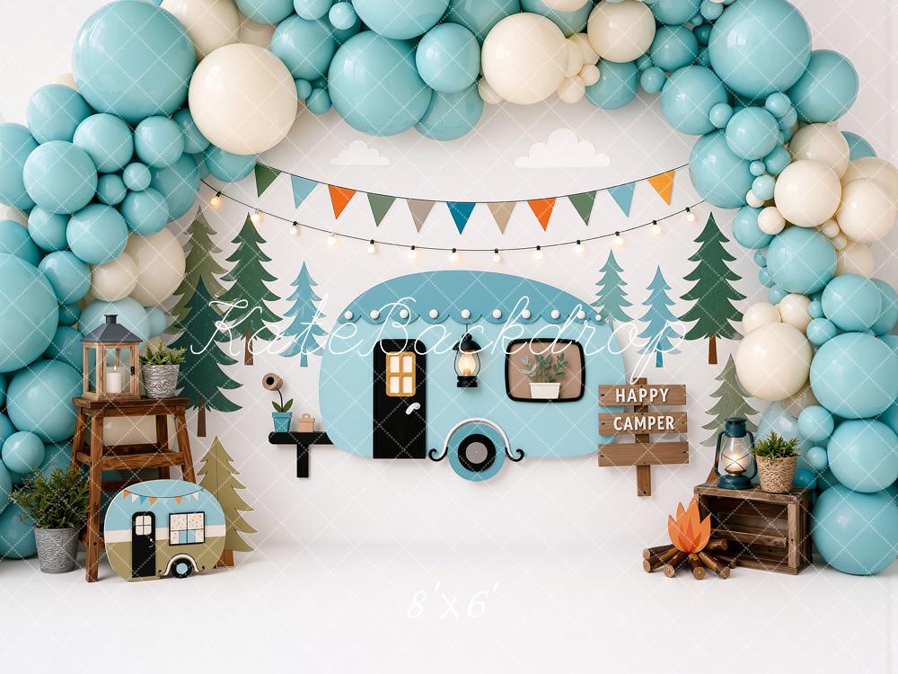 Kate Cake Smash Teal Camper Forest Balloon Arch Bunting Printed Backdrop Designed by Ashley Ward