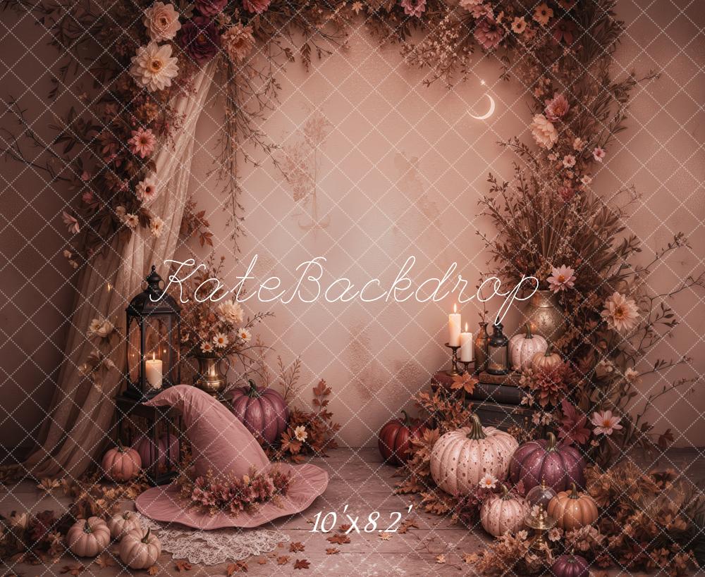 Kate Halloween Pumpkin Floral Arch Witch Hat Printed Backdrop Designed by Jordan Moon