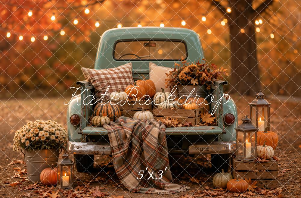Kate Fall Vintage Truck Plaid Blanket Pumpkins Lanterns Forest Printed Backdrop Designed by Emetselch
