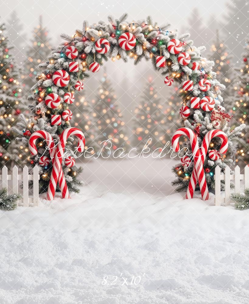 Kate Christmas Candy Cane Flower Arch Snow Printed Backdrop Designed by Emetselch