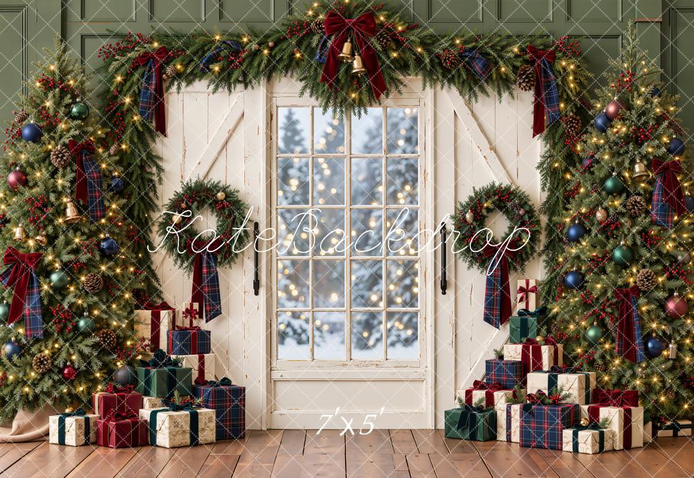 Kate Christmas Trees Window White Doors Presents Garland Printed Backdrop Designed by Emetselch