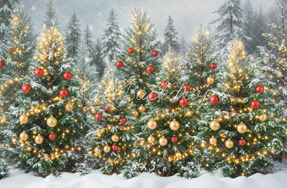 Kate Christmas Trees Snowy Forest Ornaments Lights Backdrop Designed by Emetselch