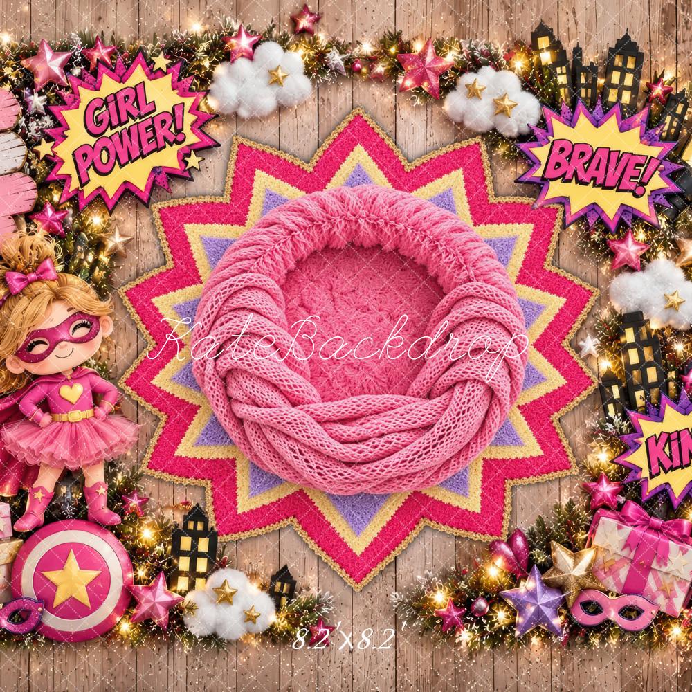 Kate Newborn Pink Girl SuperHero Gifts Printed Backdrop Designed by Laura Bybee