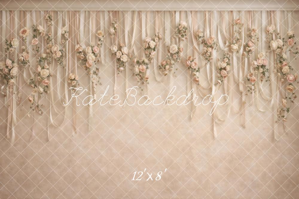 Kate Boho Neutral Flower Arch Hanging Ribbons Printed Backdrop Designed by Vertigo Productions