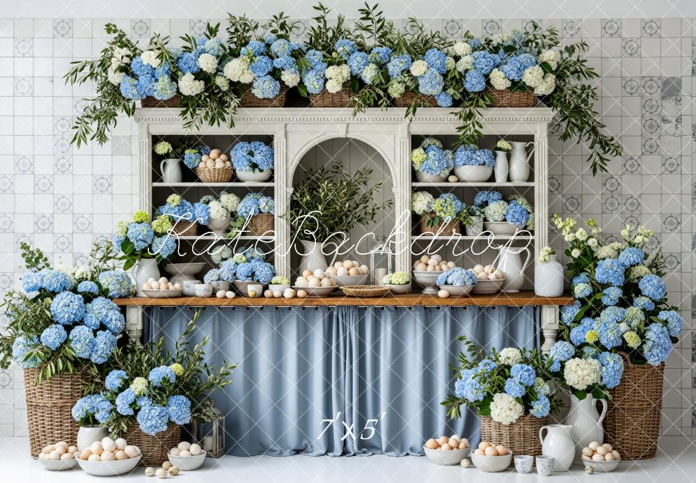 Kate Spring Blue Hydrangea Shelf Cabinet Eggs Kitchen Backdrop Designed by Patty Roberts