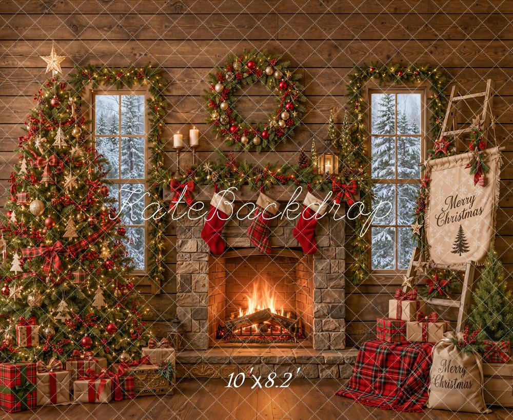 Kate Christmas Rustic Cabin Fireplace Tree Ladder Printed Backdrop Designed by Emetselch