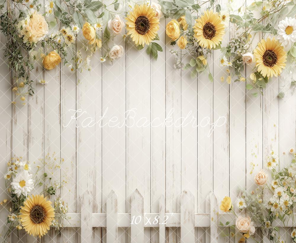 Kate Summer Sunflower Cream Rose White Picket Fence Printed Backdrop Designed by Angela Miller
