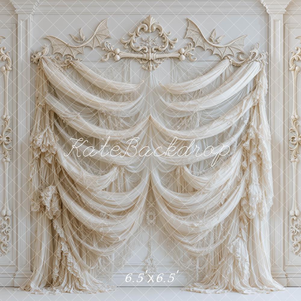 Kate Halloween Ivory Drapery Ornate Bone Wall Printed Backdrop Designed by Mini MakeBelieve