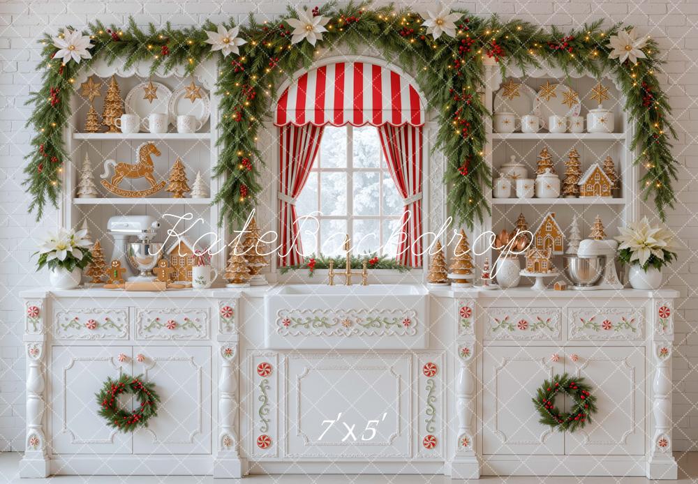 Kate Christmas Kitchen Gingerbread Garland Window Red Striped Printed Backdrop Designed by Mini MakeBelieve