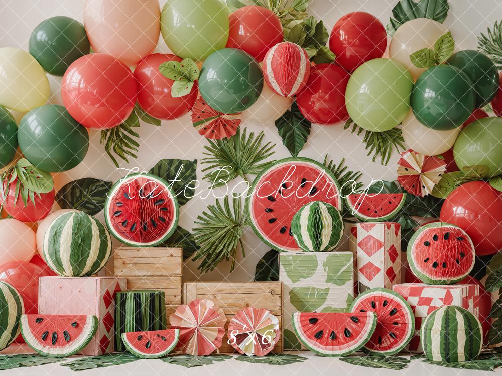 TEST Kate Summer Watermelon Balloons Leaves Wooden Crates Printed Backdrop Designed by Emetselch