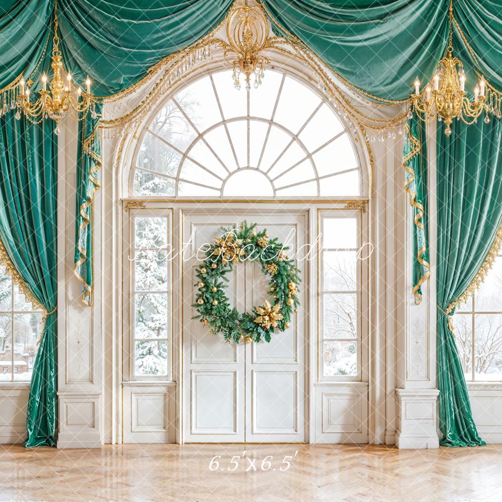 Kate Christmas Vintage Green Curtains Chandelier Wreath Backdrop Designed by Emetselch