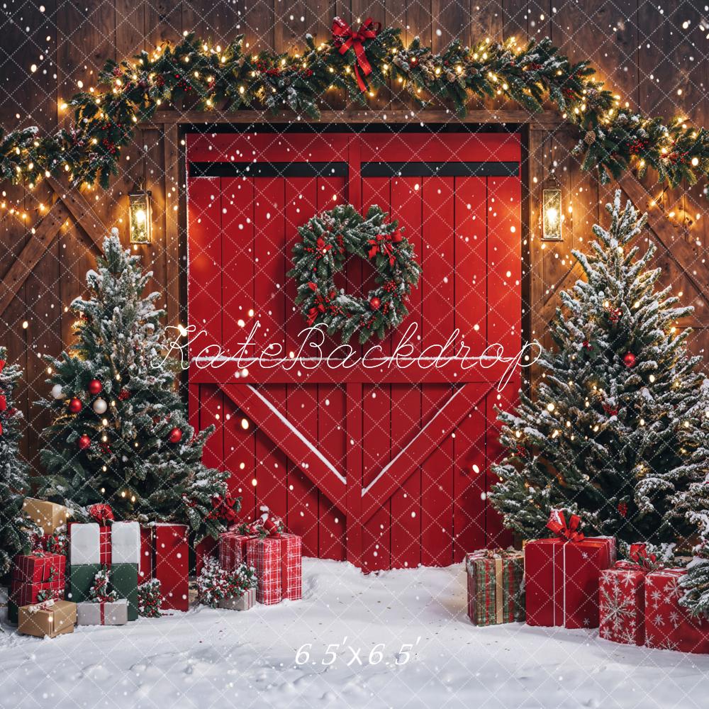 Kate Christmas Red Barn Door Wreath Backdrop Designed by Emetselch