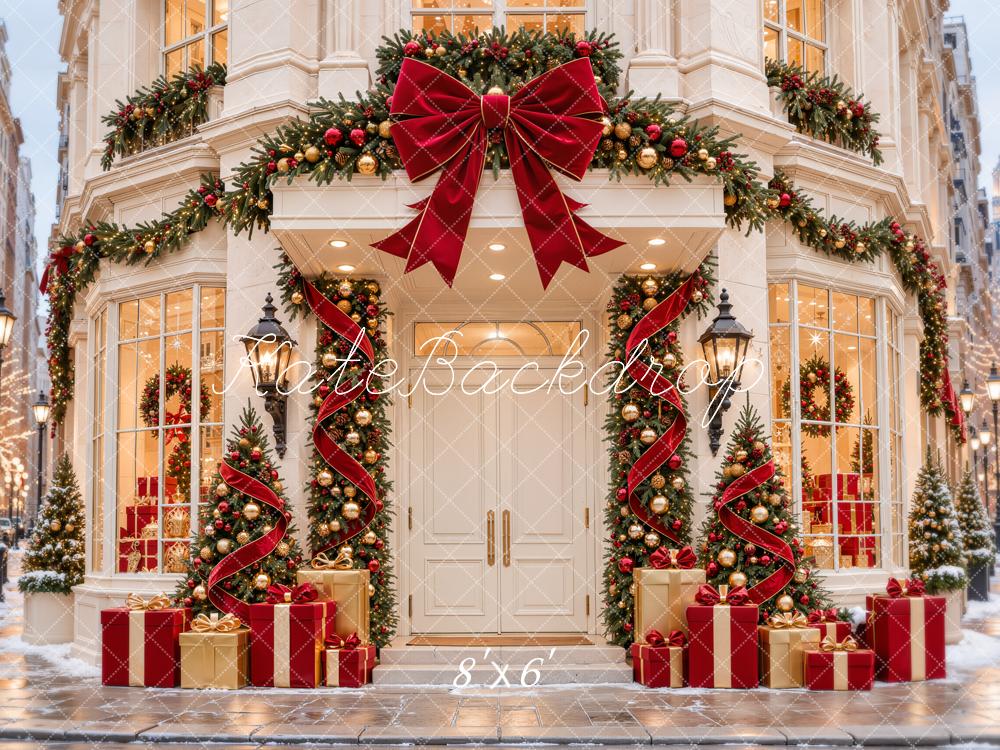 Kate Christmas Red Storefront Garland Bow Gift Boxes Printed Backdrop Designed by Emetselch