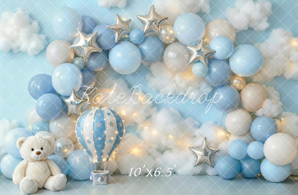 Kate Cake Smash Blue Balloon Arch Hot Air Balloon Teddy Bear Stars Printed Backdrop Designed by Emetselch
