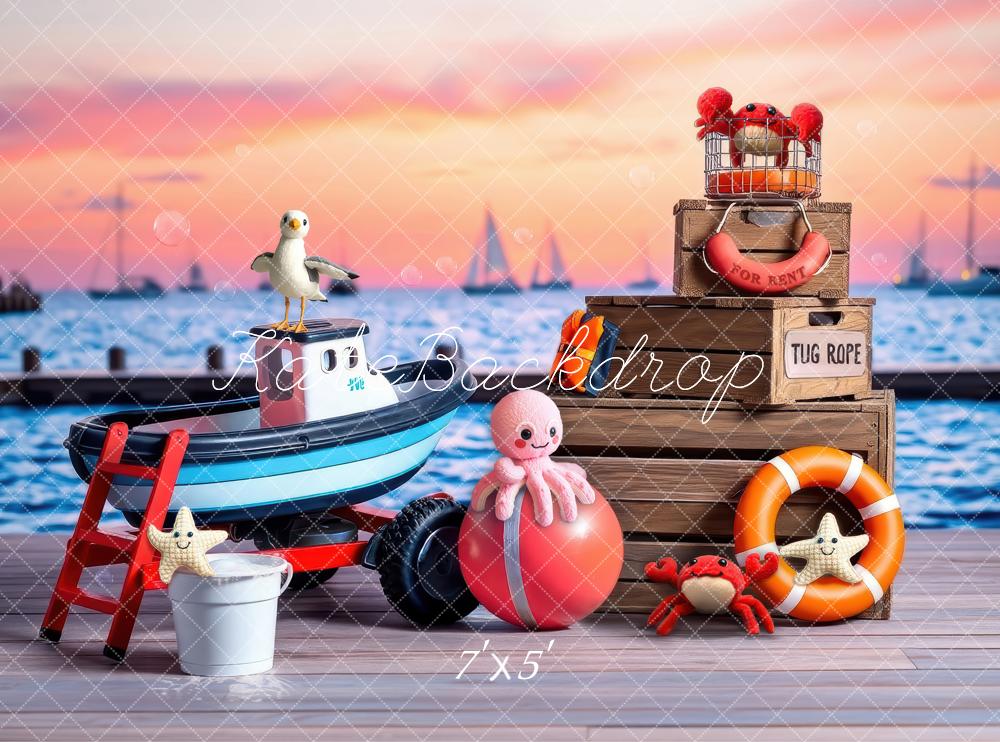 Kate Nautical Tug Boat Cake Smash Sunset Backdrop Designed by Laura Bybee