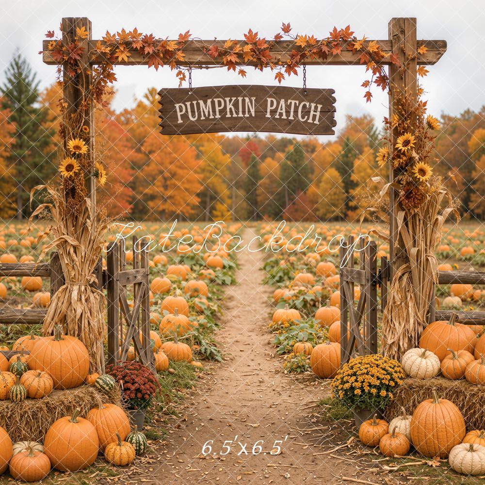 Kate Fall Pumpkin Patch Sunflowers Hay Bales Printed Backdrop Designed by Emetselch