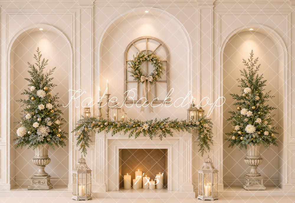 Kate Christmas Fireplace Elegant Trees Wreath Garland Printed Backdrop Designed by Emetselch