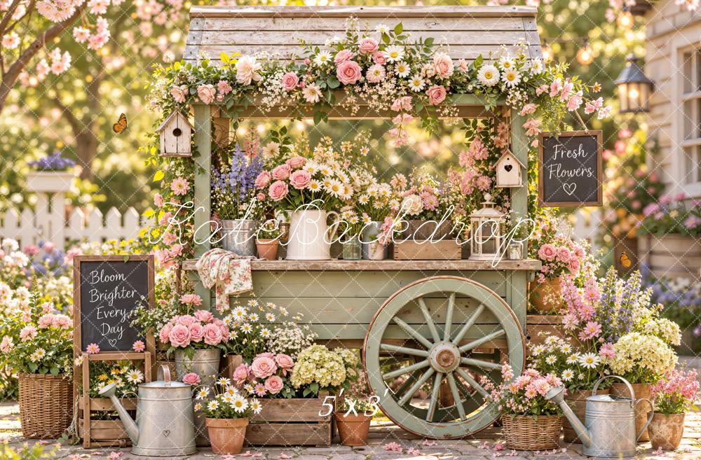 Kate Spring Flower Cart Rustic Garden Printed Backdrop Designed by Emetselch
