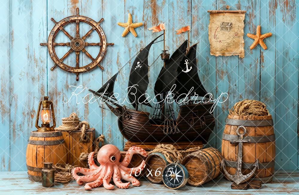 Kate Pirate Ship Treasure Map Barrels Nautical Blue Wood Backdrop Designed by Emetselch